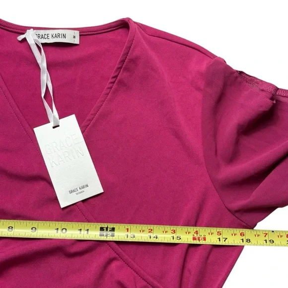 NWT GRACE KARIN Berry Pink Faux Wrap Blouse with Chiffon Split Sleeves M - Picture 7 of 12